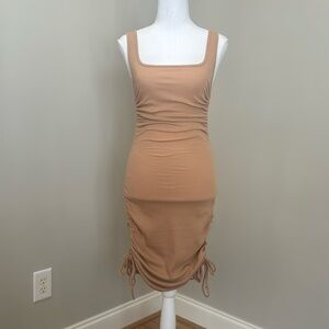 Ruched Khaki Ribbed Midi Dress